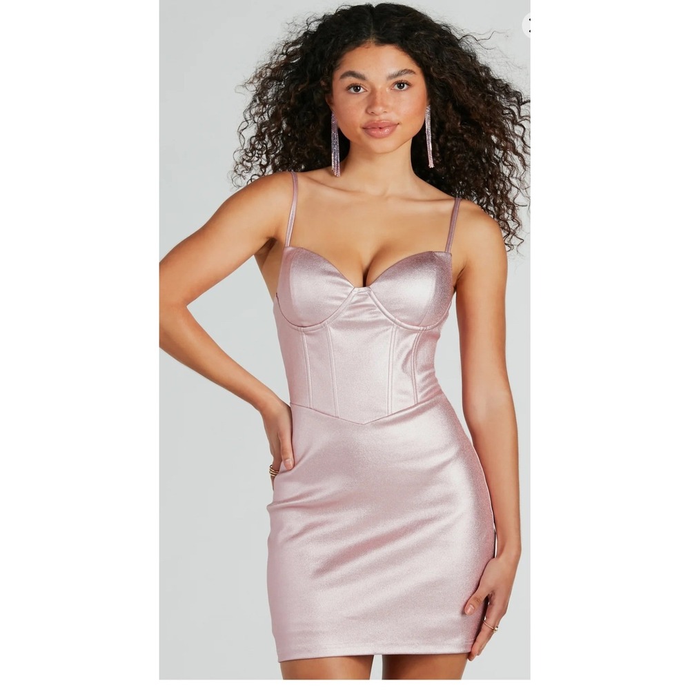Windsor Rose‎ Gold Metallic Corset Mini Dress Pink Shimmer Bodycon Barbie Small